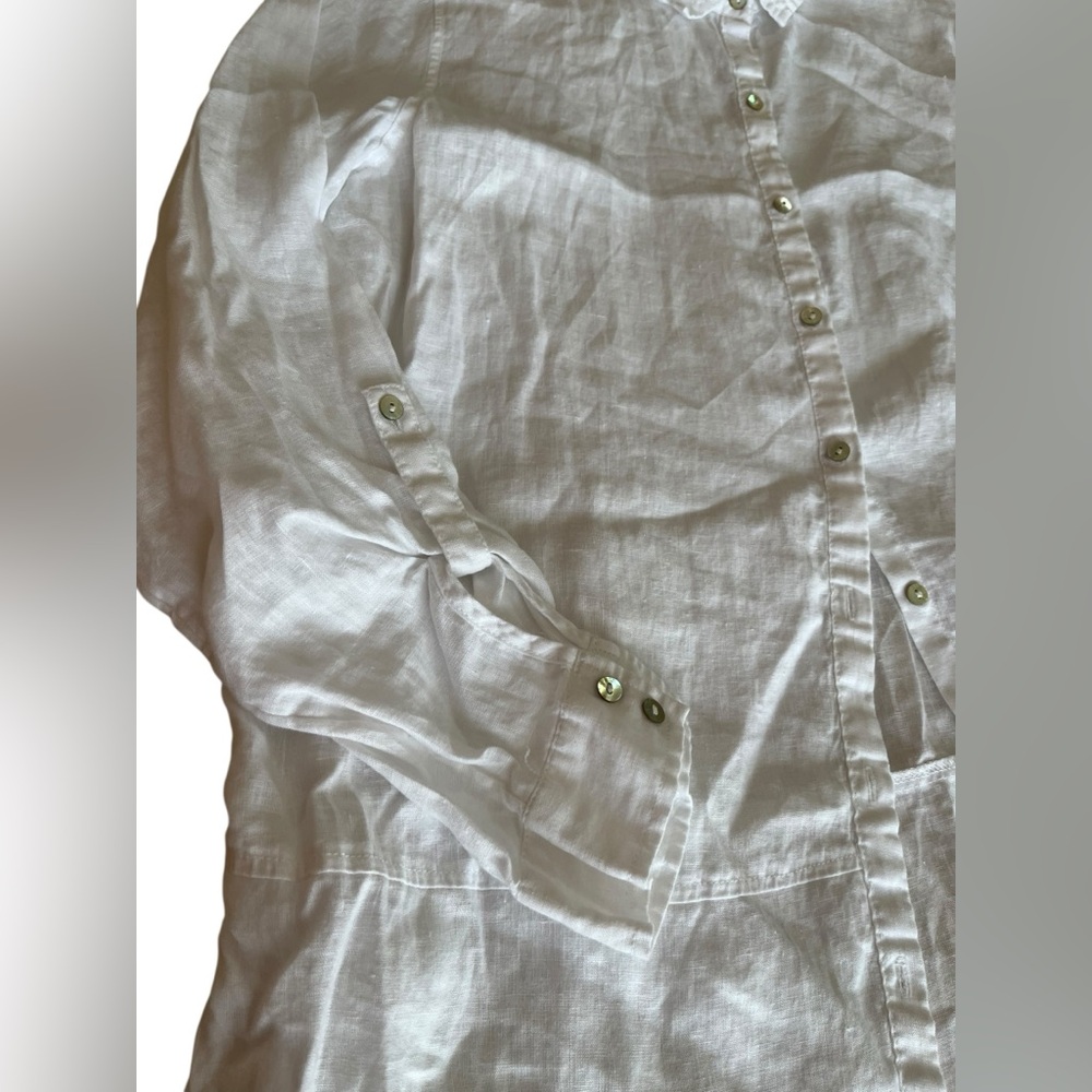 TAHARI 100% Linen Roll Tab Sleeve Button Front Tunic Top Large - Picture 5 of 9